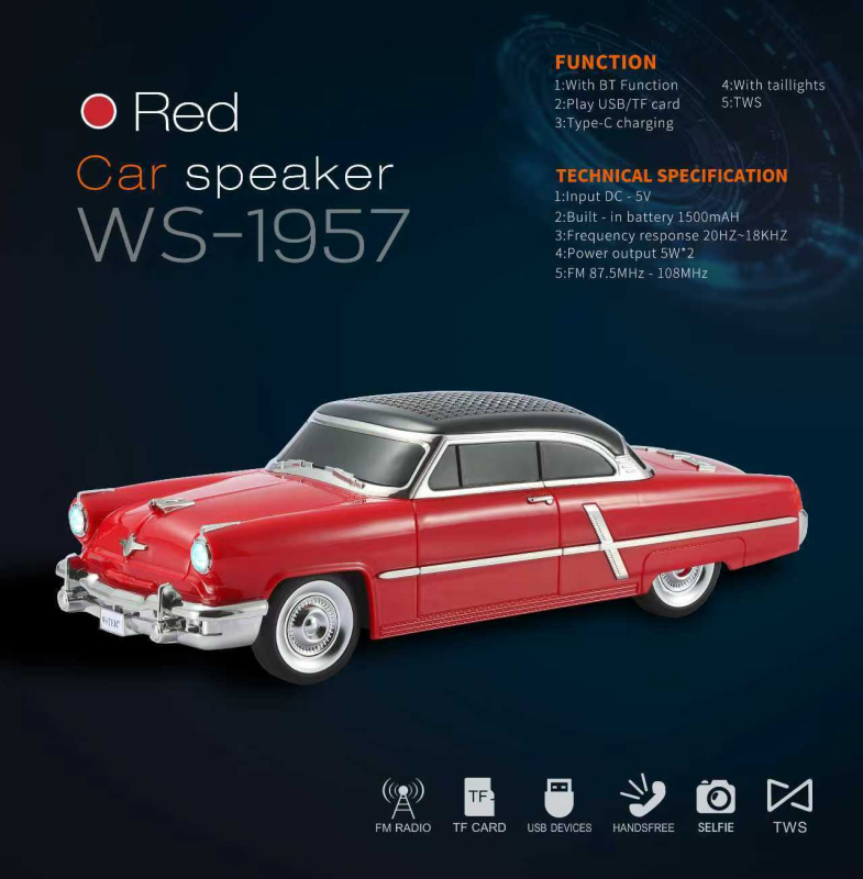 Bežični Bluetooth zvučnik, retro model automobila, 5W izlaz, Bluetooth 5.3, ugrađena baterija 1200–2000mAh, raspon frekvencija 50Hz–18kHz, domet 10m