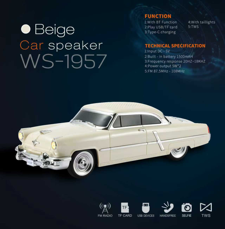 Bežični Bluetooth zvučnik, retro model automobila, 5W izlaz, Bluetooth 5.3, ugrađena baterija 1200–2000mAh, raspon frekvencija 50Hz–18kHz, domet 10m