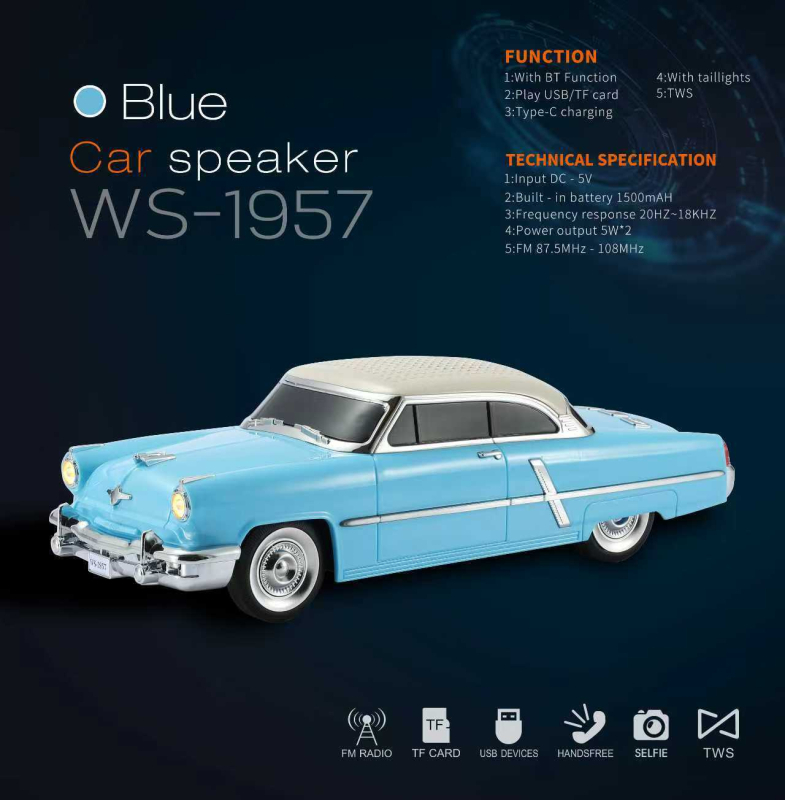 Bežični Bluetooth zvučnik, retro model automobila, 5W izlaz, Bluetooth 5.3, ugrađena baterija 1200–2000mAh, raspon frekvencija 50Hz–18kHz, domet 10m