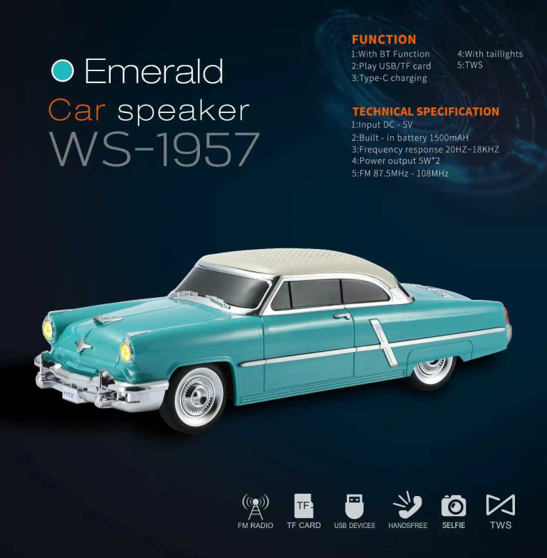 Bežični Bluetooth zvučnik, retro model automobila, 5W izlaz, Bluetooth 5.3, ugrađena baterija 1200–2000mAh, raspon frekvencija 50Hz–18kHz, domet 10m