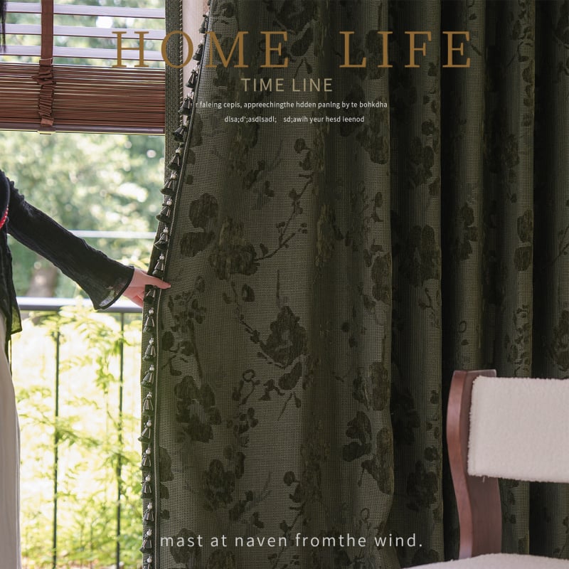 Franču stilā Chenille aizkari ar Jacquard audumu, augsts aizklājums 71–90%, augu un ziedu raksts