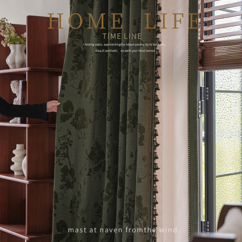 Franču stilā Chenille aizkari ar Jacquard audumu, augsts aizklājums 71–90%, augu un ziedu raksts