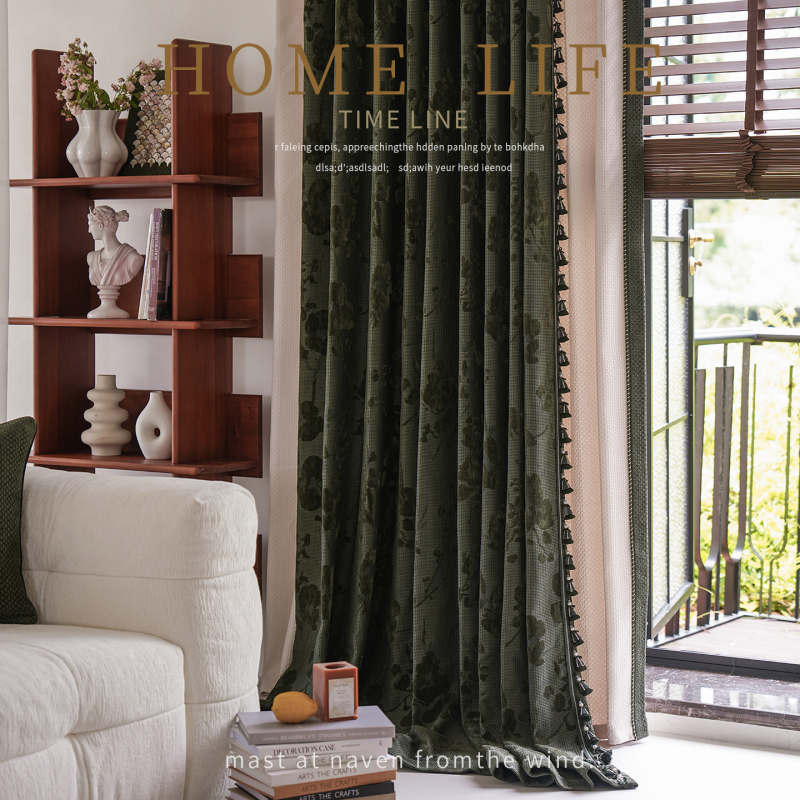 Franču stilā Chenille aizkari ar Jacquard audumu, augsts aizklājums 71–90%, augu un ziedu raksts