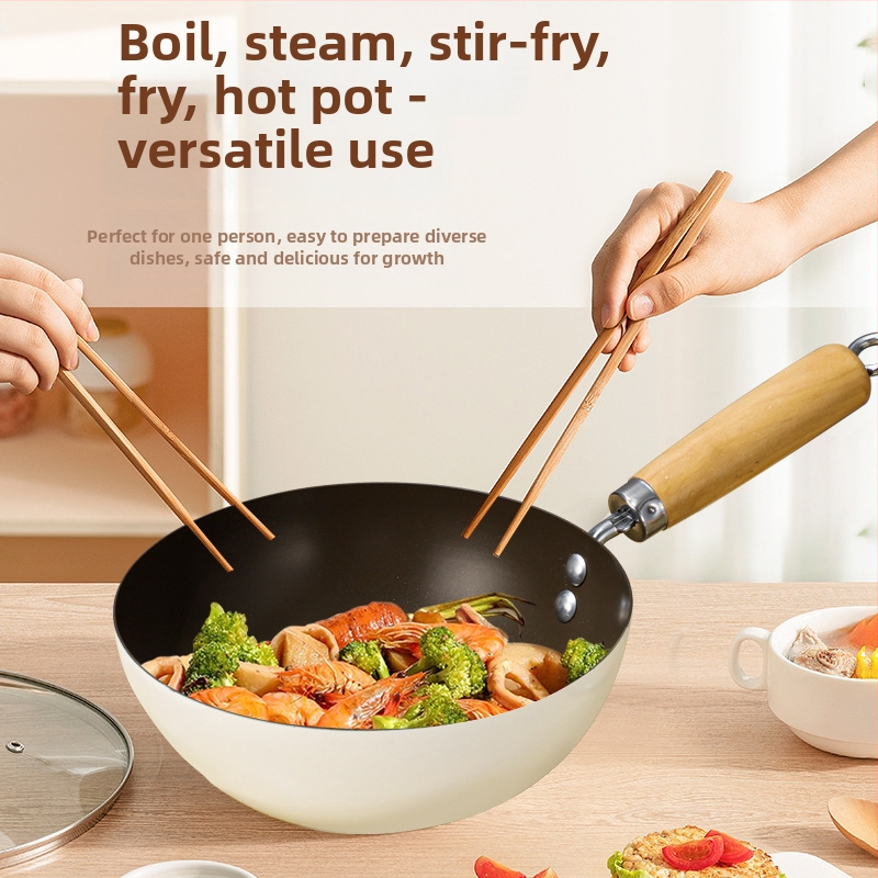 Anglies plieno wok su daugiašiniu dugnu, indukcijai tinkamas, be dangos, stiklinis dangtis