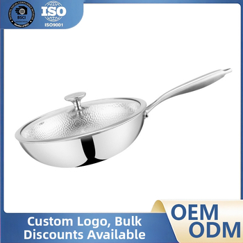 Wokas iš 304 nerūdijančio plieno, kalimo tekstūra, trijų sluoksnių konstrukcija, apvalus dugnas, stiklinis dangtis