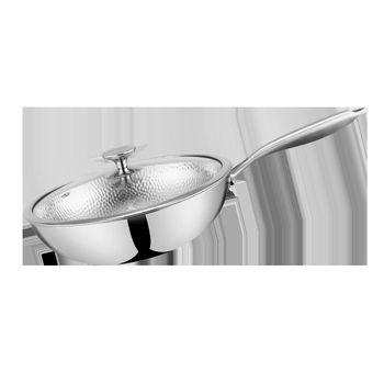 Wokas iš 304 nerūdijančio plieno, kalimo tekstūra, trijų sluoksnių konstrukcija, apvalus dugnas, stiklinis dangtis