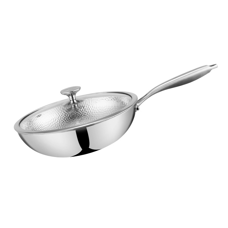 Wokas iš 304 nerūdijančio plieno, kalimo tekstūra, trijų sluoksnių konstrukcija, apvalus dugnas, stiklinis dangtis