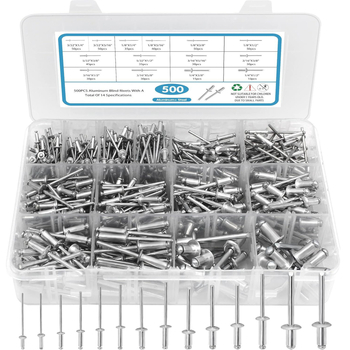 Rink atvirų burnos plokščių galvų kniedės, 500 vnt., dėžutėje (GB/T 12618; medžiaga: aliuminio gaubtas su šerdimi; nikeli apkala)