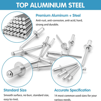 Rink atvirų burnos plokščių galvų kniedės, 500 vnt., dėžutėje (GB/T 12618; medžiaga: aliuminio gaubtas su šerdimi; nikeli apkala)