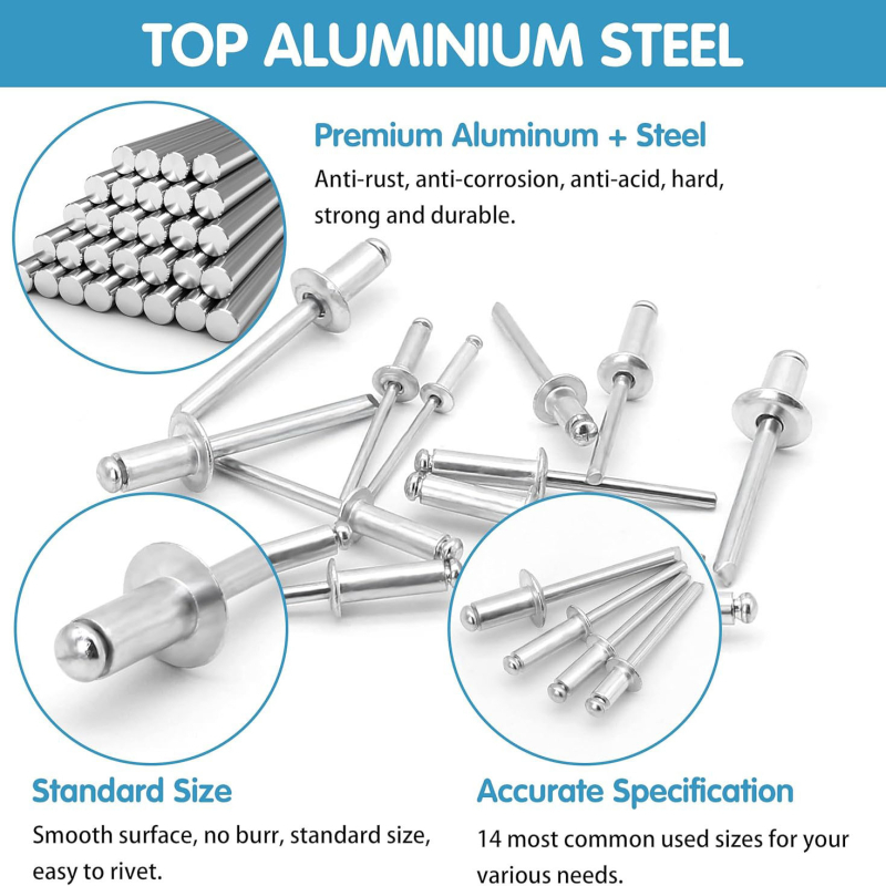 Rink atvirų burnos plokščių galvų kniedės, 500 vnt., dėžutėje (GB/T 12618; medžiaga: aliuminio gaubtas su šerdimi; nikeli apkala)