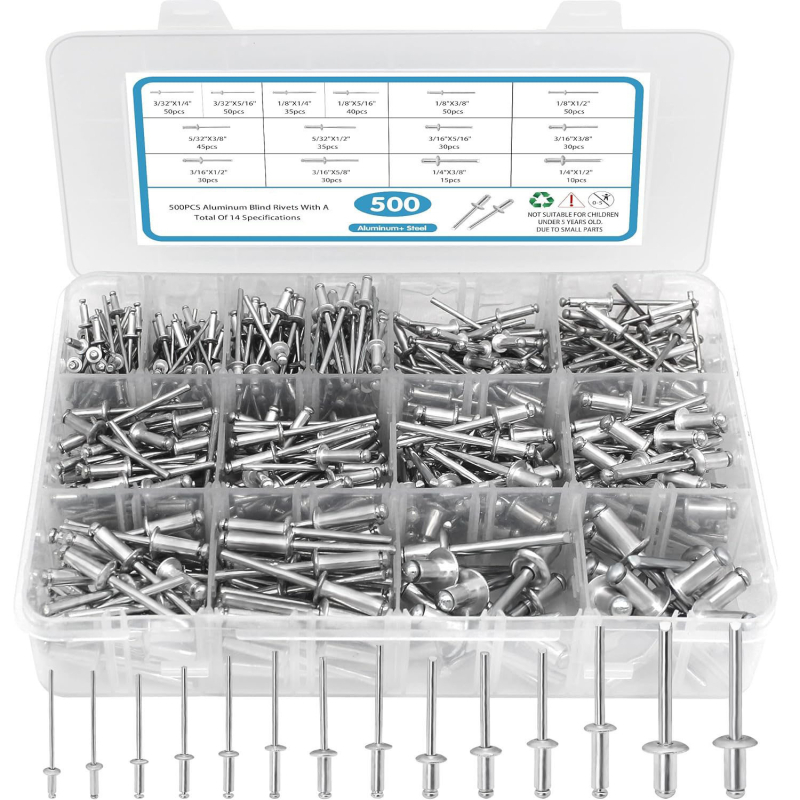 Rink atvirų burnos plokščių galvų kniedės, 500 vnt., dėžutėje (GB/T 12618; medžiaga: aliuminio gaubtas su šerdimi; nikeli apkala)