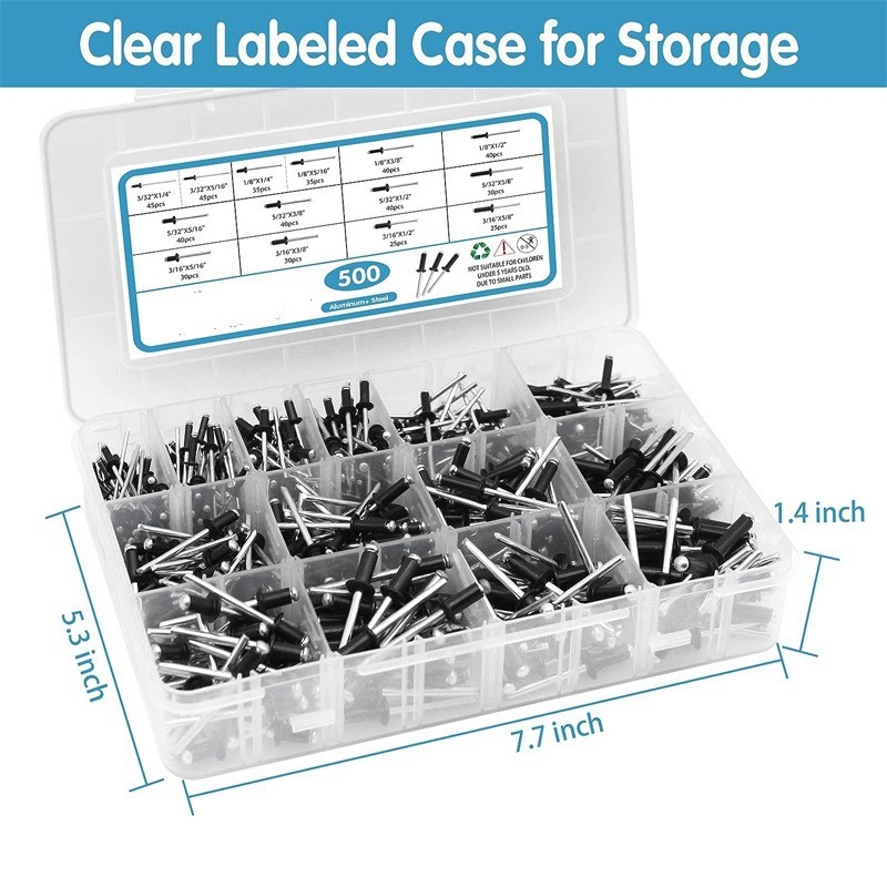 Rink atvirų burnos plokščių galvų kniedės, 500 vnt., dėžutėje (GB/T 12618; medžiaga: aliuminio gaubtas su šerdimi; nikeli apkala)