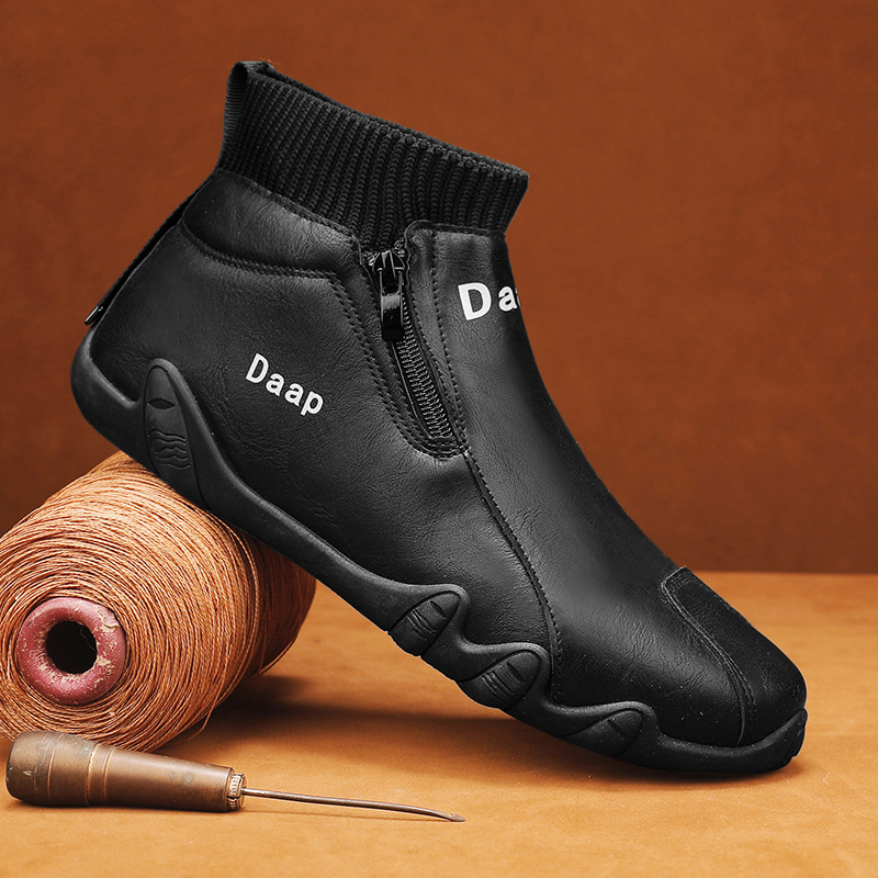 Vyriski aukštos kokybės žieminiai botai, PU viršus, PVC padai, atsparūs vandeniui, veliūrinė vidinė danga, aukštas batų galas, žiema 2025