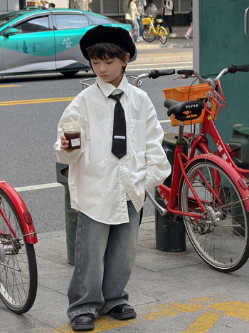 Dječja košulja s fleek podstavom, korejski stil, ovratnik s reverom, 95% pamuk, zima 2025