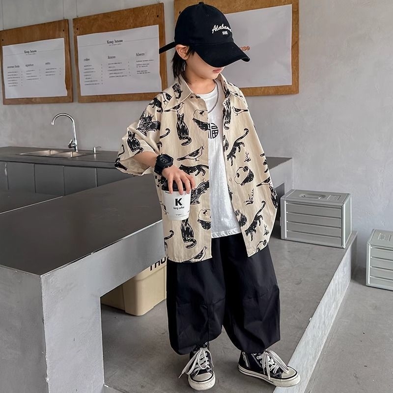 Dječja košulica s kratkim rukavima, korejski stil, životinjski uzorak, rever ovratnik, poliester