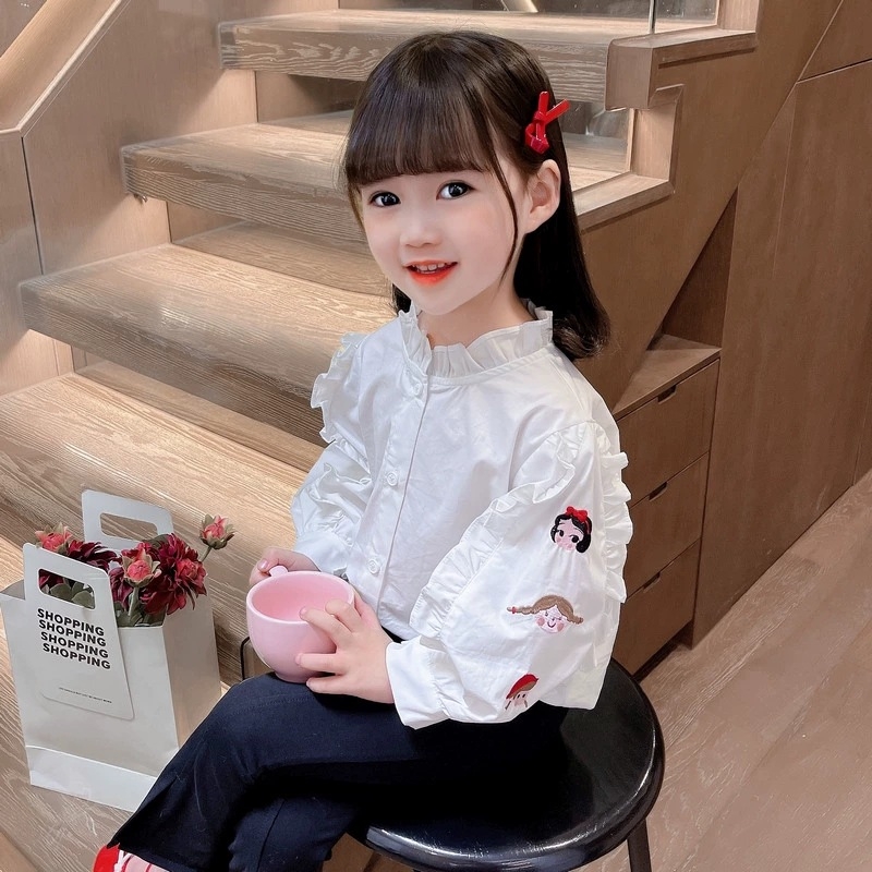 Dječja košulja: sladak stil, crtani uzorak, okrugli ovratnik, dugi rukavi, za proljeće i jesen