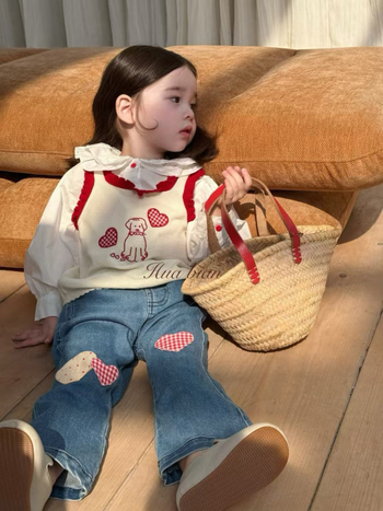 Trodjelni dječji set: prsluk, košulja i traperice – korejski stil, reverov ovratnik, karirani uzorak, proljeće i jesen