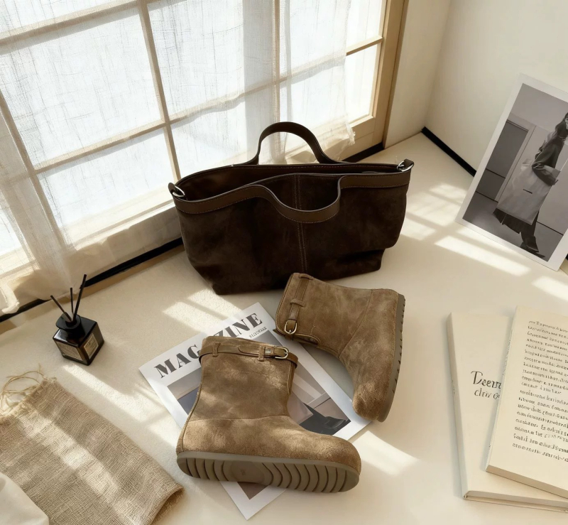 Ženske kratke čizme od nubuka s vunenom podstavom, gumena potplata, niski obod, okrugli vrh