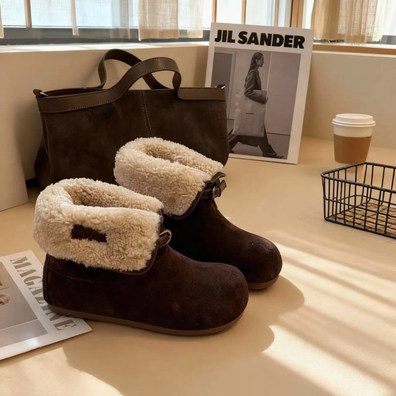 Ženske kratke čizme od nubuka s vunenom podstavom, gumena potplata, niski obod, okrugli vrh