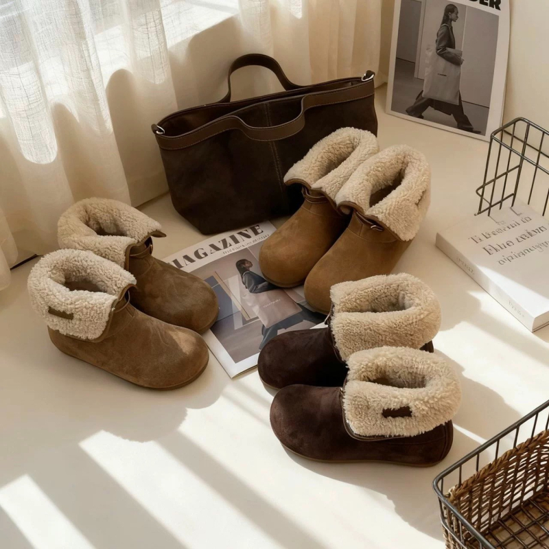 Ženske kratke čizme od nubuka s vunenom podstavom, gumena potplata, niski obod, okrugli vrh