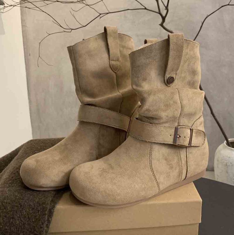 Naistele korea stiilis nubukust lühikesed saapad, ümmarguse ninaga, paks konts 3–5 cm, kummist tald