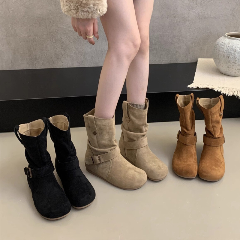 Naistele korea stiilis nubukust lühikesed saapad, ümmarguse ninaga, paks konts 3–5 cm, kummist tald