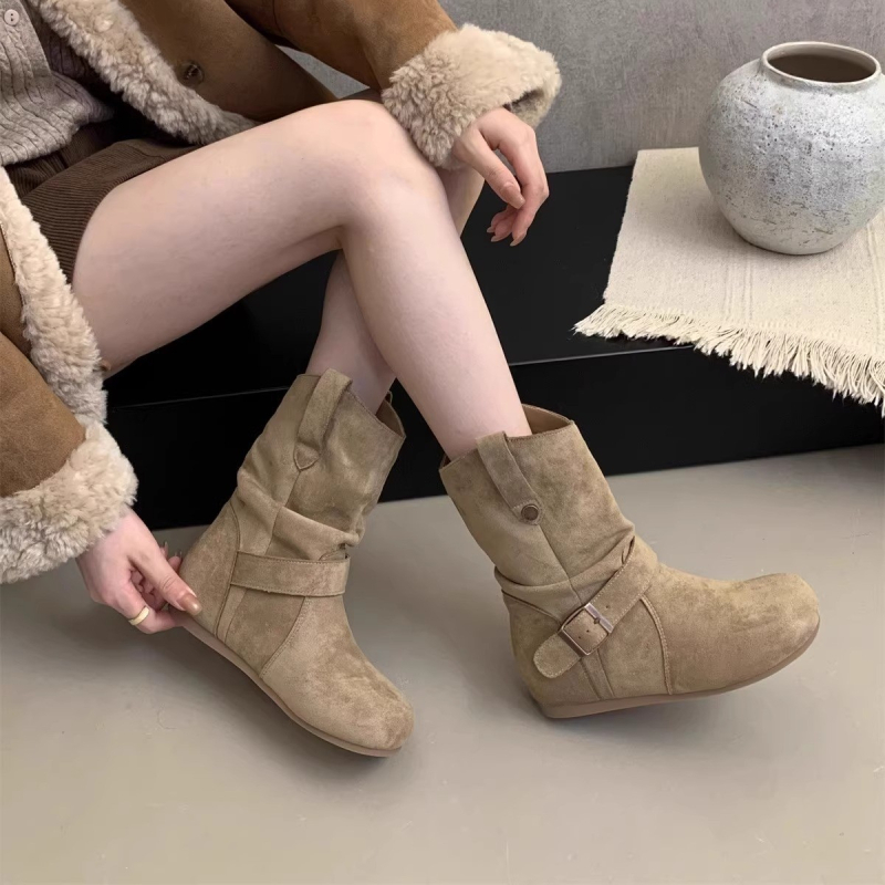 Naistele korea stiilis nubukust lühikesed saapad, ümmarguse ninaga, paks konts 3–5 cm, kummist tald