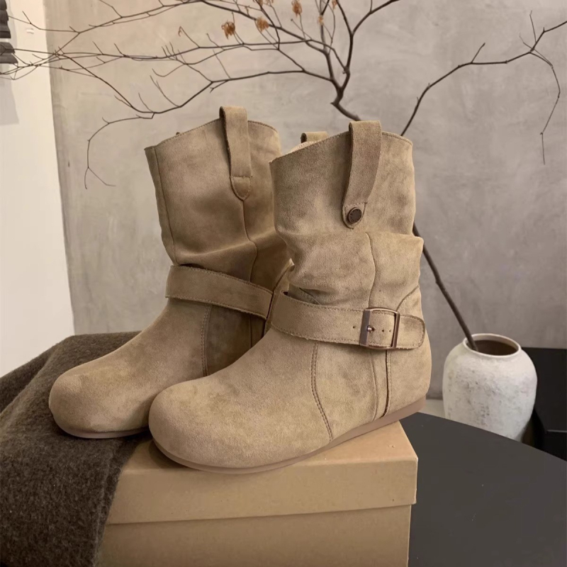 Naistele korea stiilis nubukust lühikesed saapad, ümmarguse ninaga, paks konts 3–5 cm, kummist tald