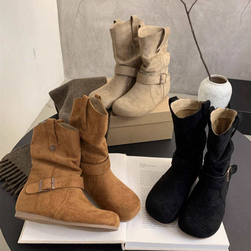 Naistele korea stiilis nubukust lühikesed saapad, ümmarguse ninaga, paks konts 3–5 cm, kummist tald