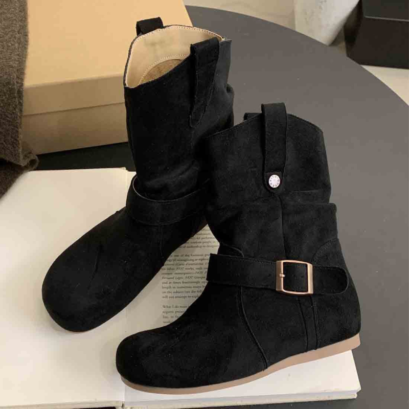 Naistele korea stiilis nubukust lühikesed saapad, ümmarguse ninaga, paks konts 3–5 cm, kummist tald