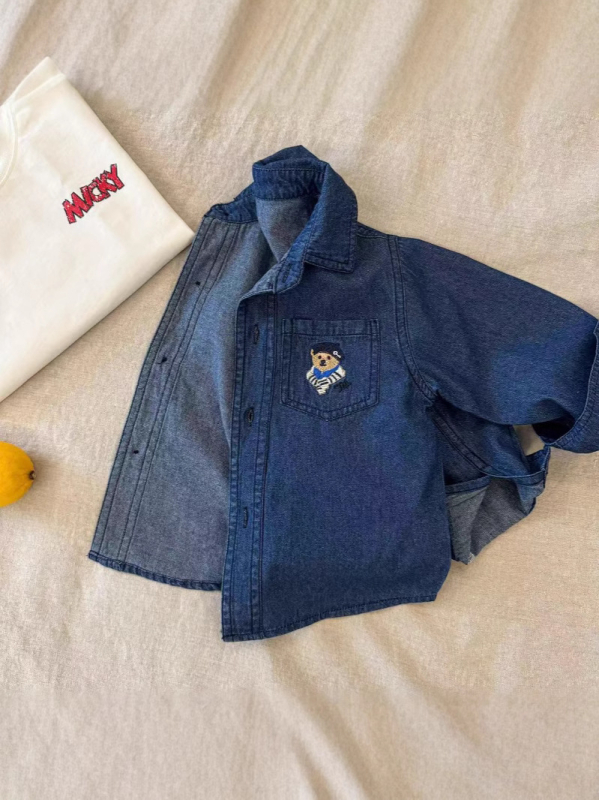 Cămașă din denim pentru copii, stil coreean, guler rever, mâneci lungi, 95% bumbac, model desen animat