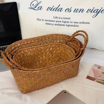 Pastoralno pleteni koš za pohranu, vintage stil; materijal: pleteni od rotanga; namjena: kozmetika, nakit, olovke i bilježnice