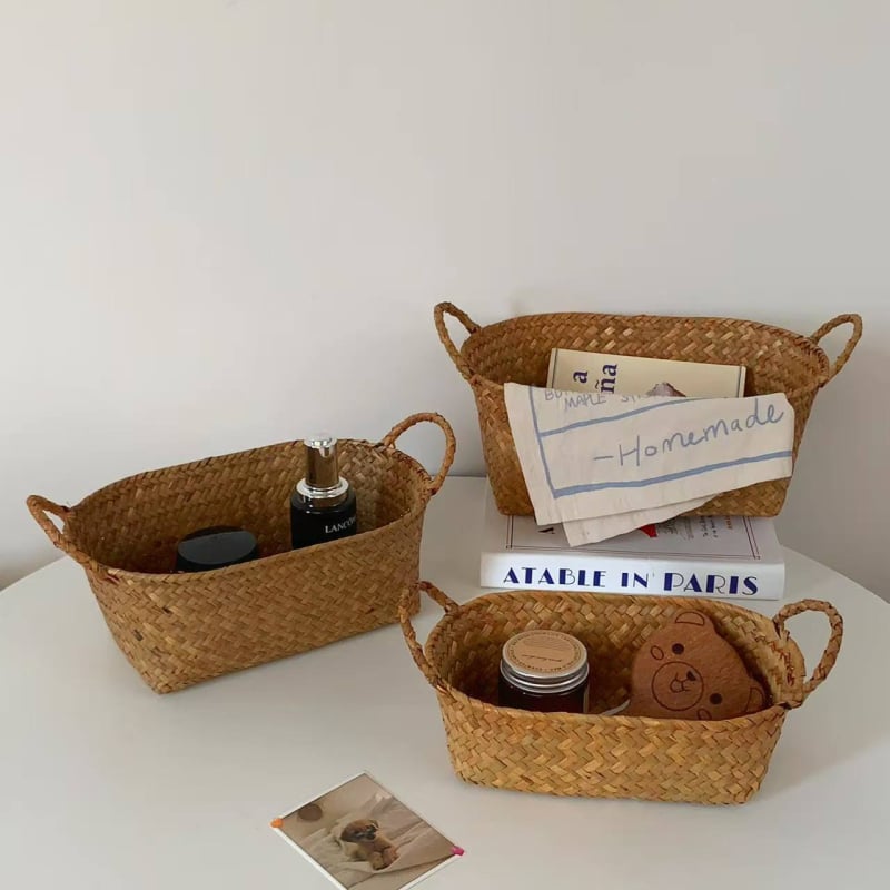 Pastoralno pleteni koš za pohranu, vintage stil; materijal: pleteni od rotanga; namjena: kozmetika, nakit, olovke i bilježnice