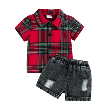 Laste suvine komplekt: ruuduline särk ja džinsi lühikesed püksid, 100% puuvill, unisex, lühikesed varrukad, 1–3 aastat