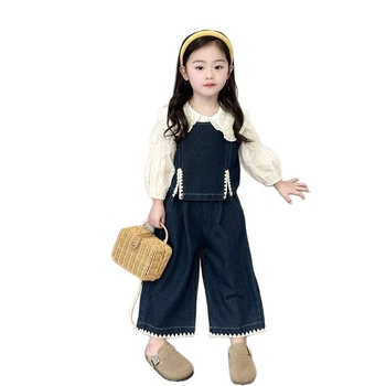 Tüdrukutele kolmekohaline sügiskomplekt Korea stiilis: särk, džinsi vest ja püksid — 90% puuvillane