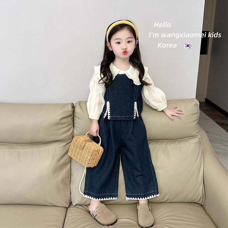 Tüdrukutele kolmekohaline sügiskomplekt Korea stiilis: särk, džinsi vest ja püksid — 90% puuvillane