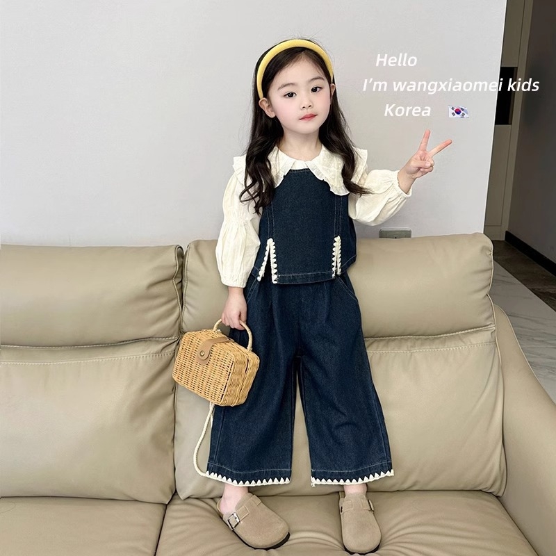 Tüdrukutele kolmekohaline sügiskomplekt Korea stiilis: särk, džinsi vest ja püksid — 90% puuvillane