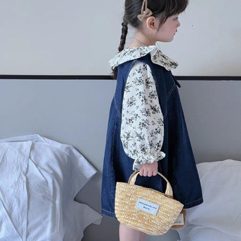 Tüdrukutele lilleline särk ja denim-seelik komplekt - Korea stiilis kaheosaline puuvillane komplekt pikkade käistega