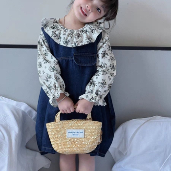 Tüdrukutele lilleline särk ja denim-seelik komplekt - Korea stiilis kaheosaline puuvillane komplekt pikkade käistega