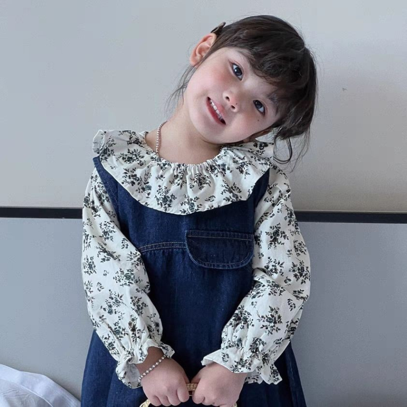 Tüdrukutele lilleline särk ja denim-seelik komplekt - Korea stiilis kaheosaline puuvillane komplekt pikkade käistega