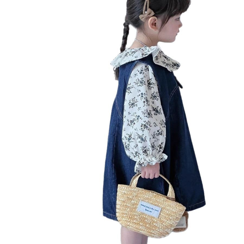 Tüdrukutele lilleline särk ja denim-seelik komplekt - Korea stiilis kaheosaline puuvillane komplekt pikkade käistega