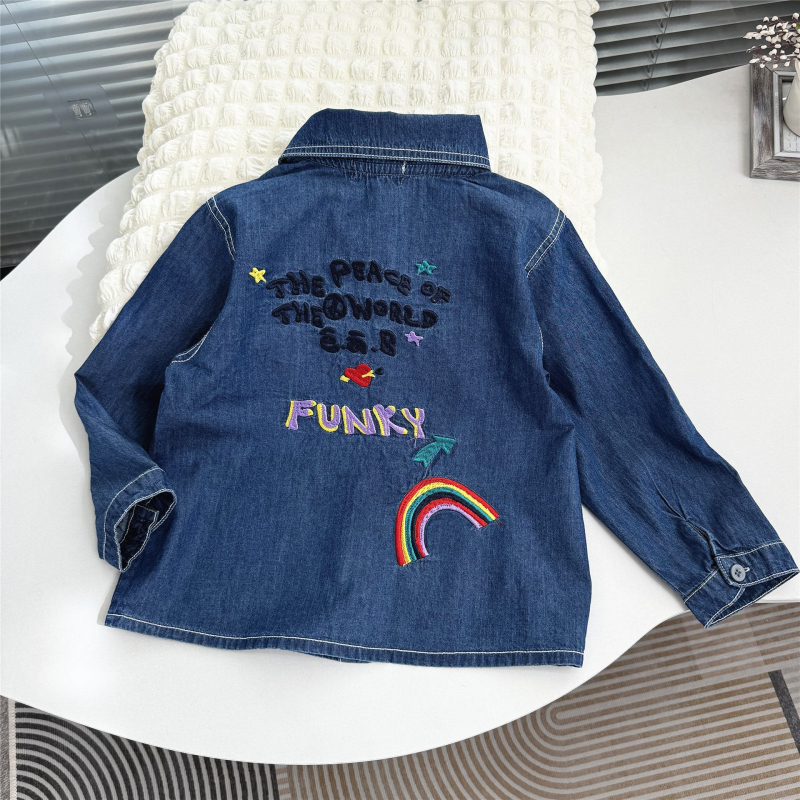 Dječja džins košulja, japanski stil, ovratnik s reverom, dugi rukavi, crtani uzorak, pamuk-elastan tkanina (95% pamuk, 5% elastan)