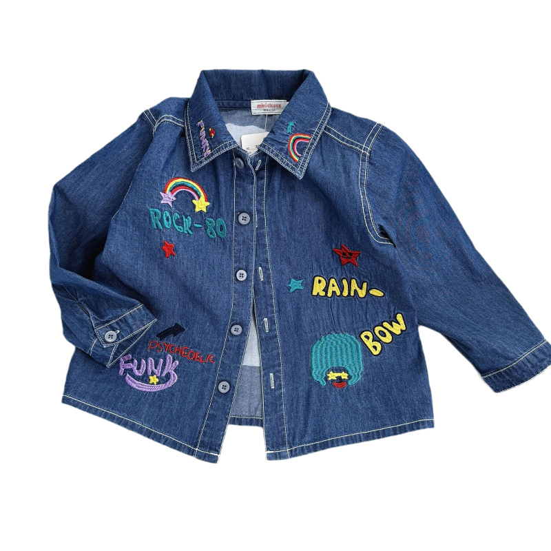 Dječja džins košulja, japanski stil, ovratnik s reverom, dugi rukavi, crtani uzorak, pamuk-elastan tkanina (95% pamuk, 5% elastan)