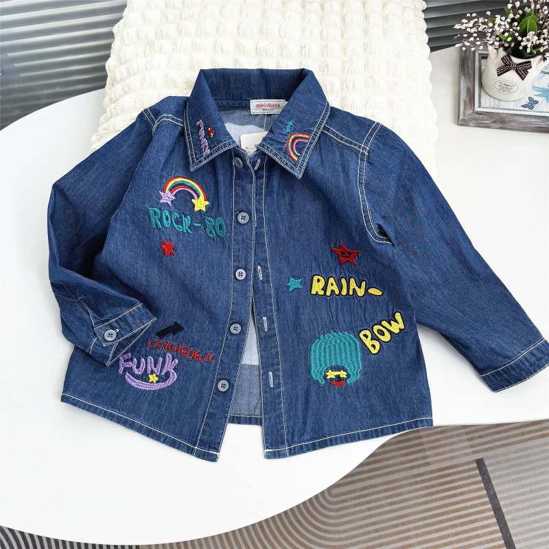 Dječja džins košulja, japanski stil, ovratnik s reverom, dugi rukavi, crtani uzorak, pamuk-elastan tkanina (95% pamuk, 5% elastan)