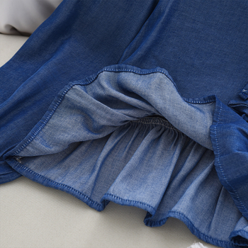 Tüdrukute pikkade varrukatega pusa denim-stiilis, vööd ja volukesega, polüesterkangas, vanuses 3–8 aastat, kevad-sügisel