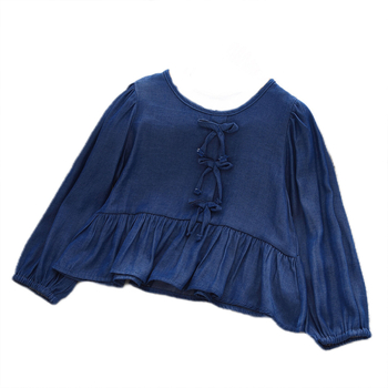 Tüdrukute pikkade varrukatega pusa denim-stiilis, vööd ja volukesega, polüesterkangas, vanuses 3–8 aastat, kevad-sügisel