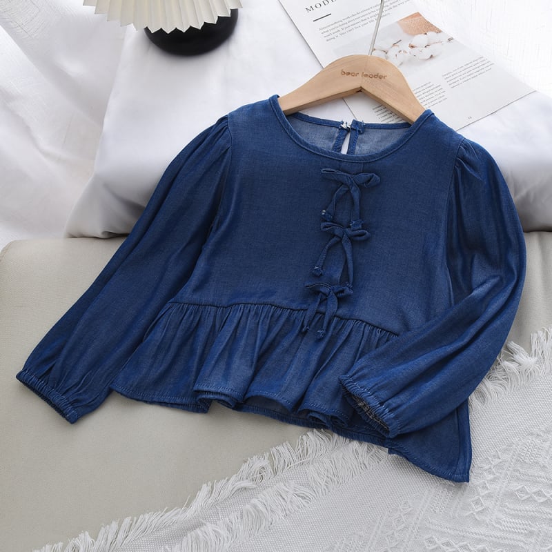 Tüdrukute pikkade varrukatega pusa denim-stiilis, vööd ja volukesega, polüesterkangas, vanuses 3–8 aastat, kevad-sügisel