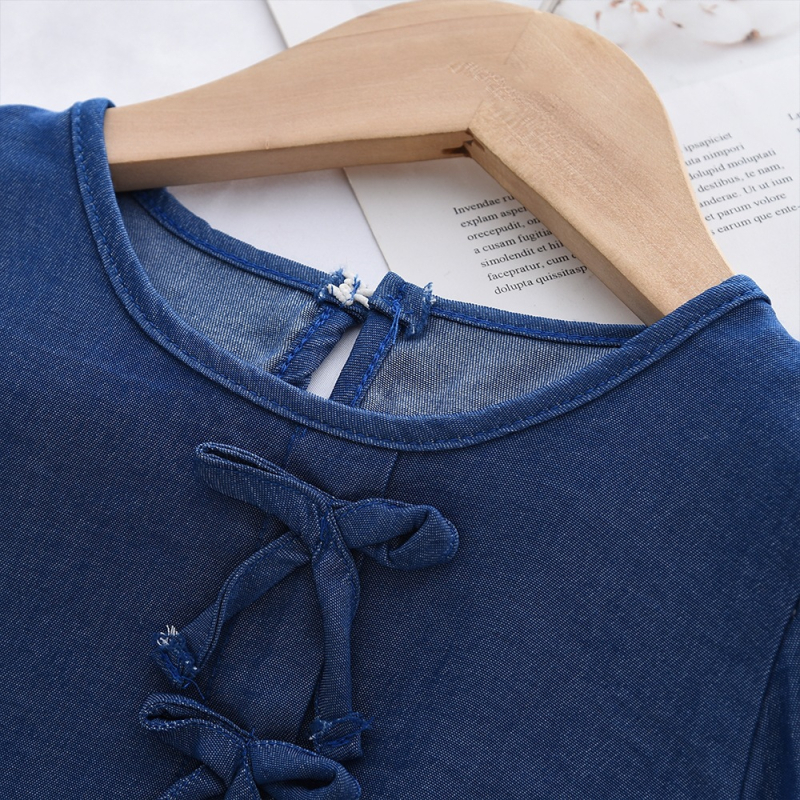 Tüdrukute pikkade varrukatega pusa denim-stiilis, vööd ja volukesega, polüesterkangas, vanuses 3–8 aastat, kevad-sügisel