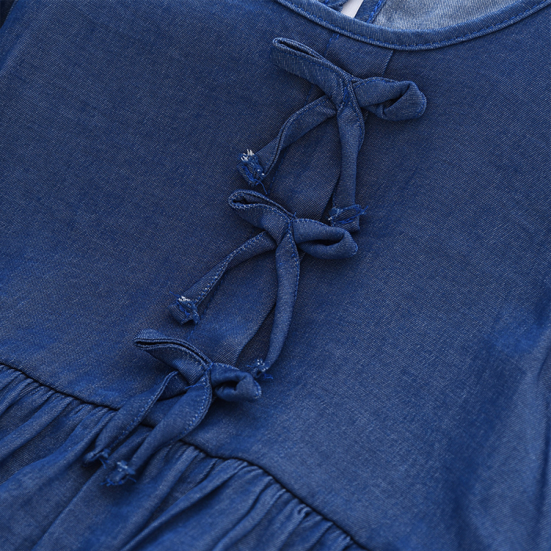 Tüdrukute pikkade varrukatega pusa denim-stiilis, vööd ja volukesega, polüesterkangas, vanuses 3–8 aastat, kevad-sügisel