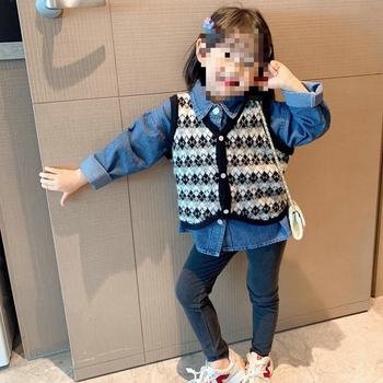 Dječji dvodijelni set: karirana pletena vesta i denim košulja, 100% pamuk, korejski stil, za djecu 3–8 godina, jesen.